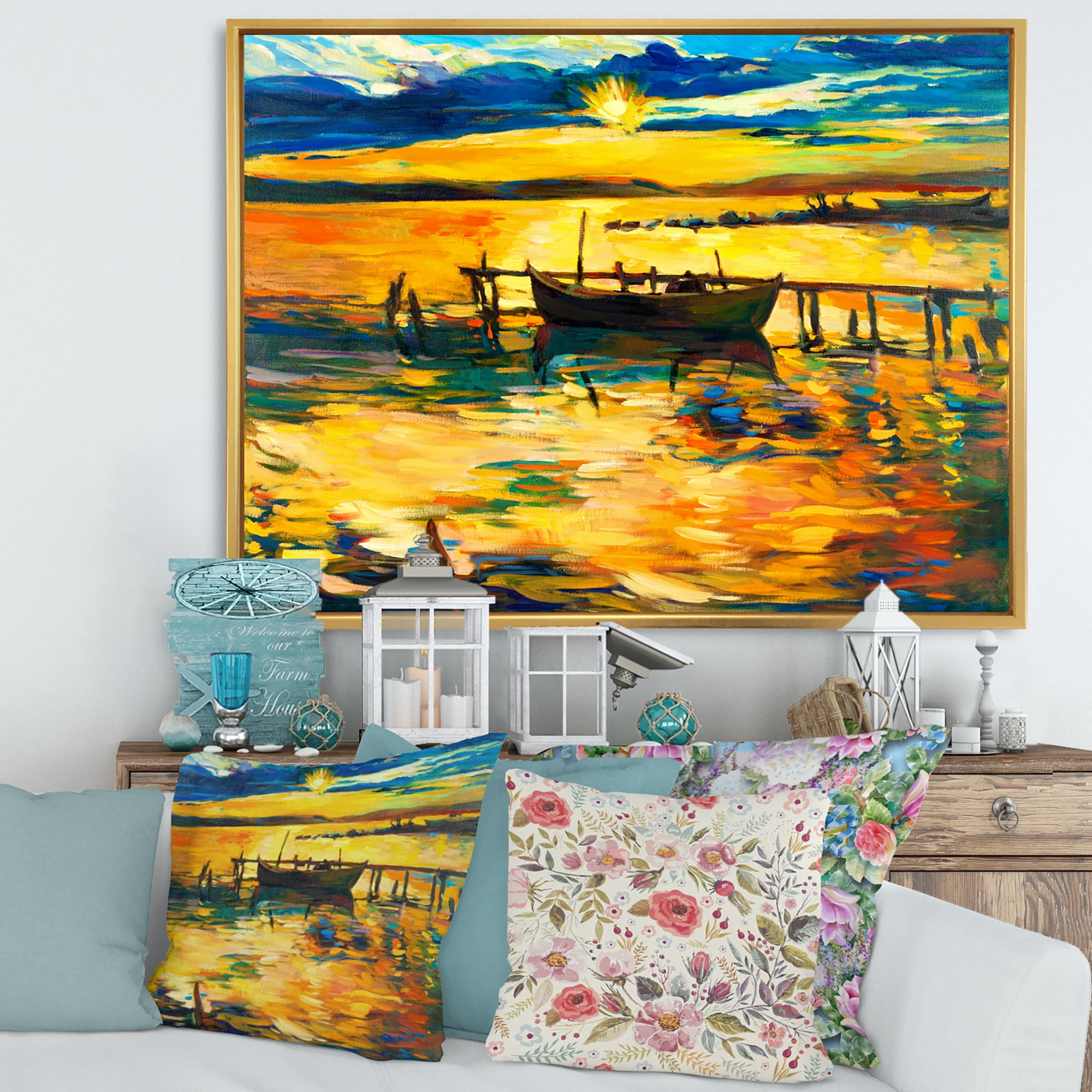 Designart 'Boat At The Lake During Evening Glow VI' Nautical & Coastal Framed Canvas Wall Art Print