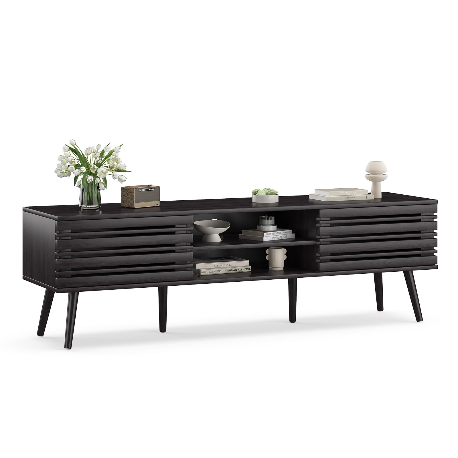 Hommoo Mid Century Modern TV Stands up to 70", Wooden Home Entertainment Center TV Console Cabinet with Sliding Tambour Door & Adjustable Shelves, Black