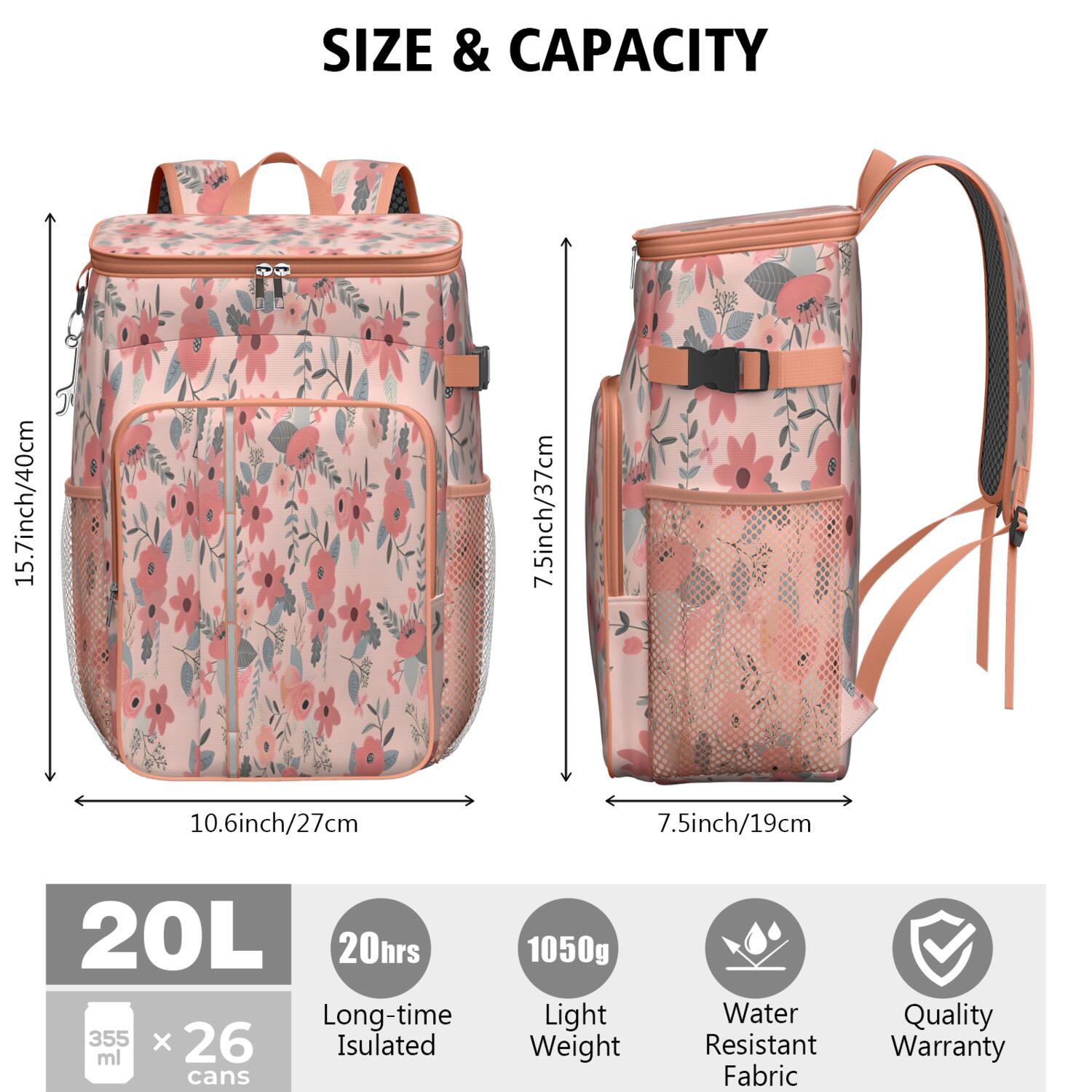 Travel Cooler Bag - Pioneer Flower Floral Print Pattern Camping Beer Cooler Backpack with Bottle Opener- Waterproof Insulated Picnic Backpacks - Cooler Bag for Beach