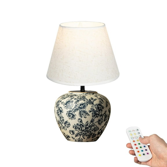 Kiven Cordless Table Lamp, Dimmable LED Vase Lamps with Fabric Lampshade, Classic Cottage Ambient Light, 1-Light Rechargeable Nightstand Lamp for Office Bookcase Bedside TD1011C