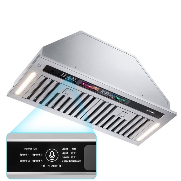 Campana extractora 75 cm, 900 CFM, acero inoxidable, 4 velocidades, con Control de Voz/Gesto/Táctil, filtro de carbón, convertible con o sin ducto