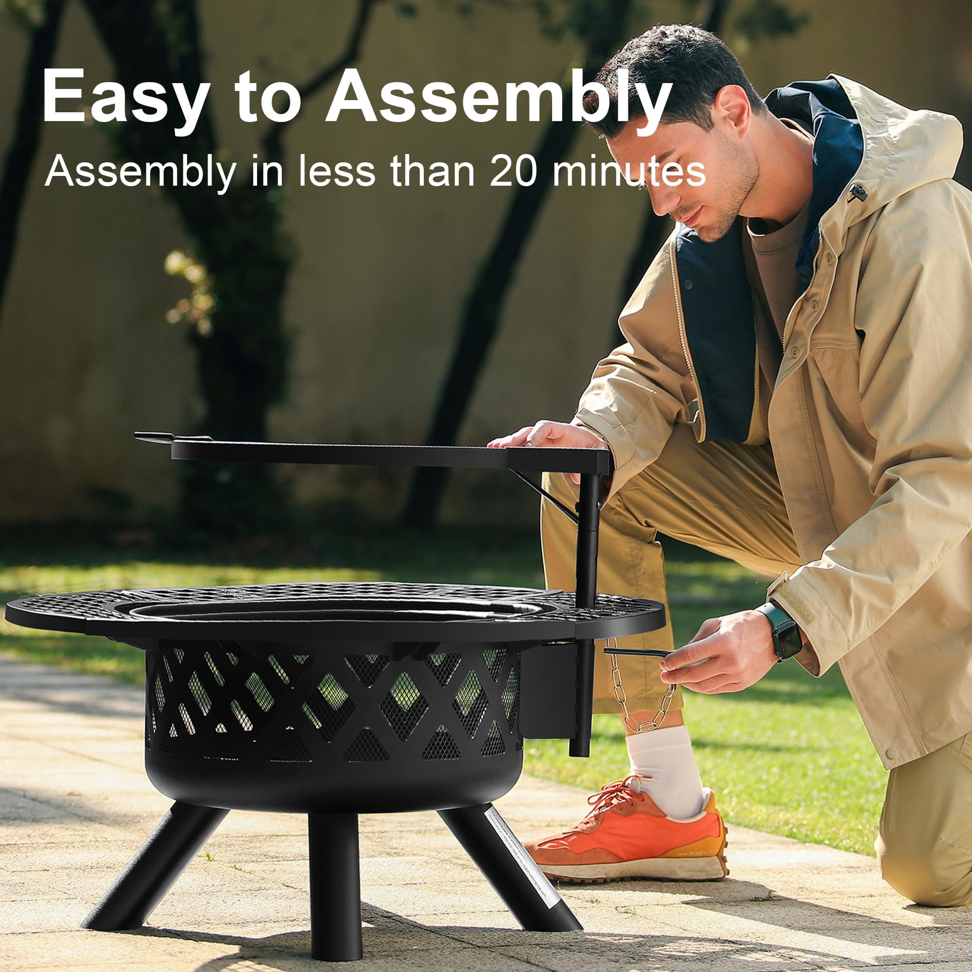 BALI OUTDOORS 32 inch Fire Pit with Poker, Wood Burning Fire Pit Patio for Outside with Grill