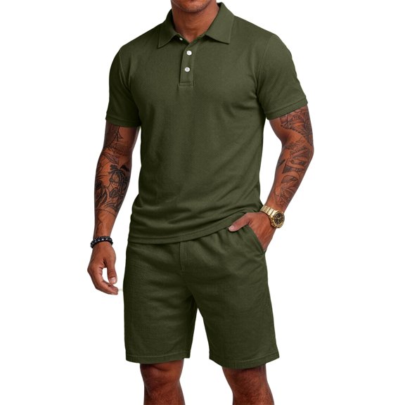 CIENVNSTG Mens Sets 2 Piece Outfits Polo Shirt Short Sleeve Beach Shorts Set Summer Loose Streetwear Sport Basic Fashion Clothing Set Green L