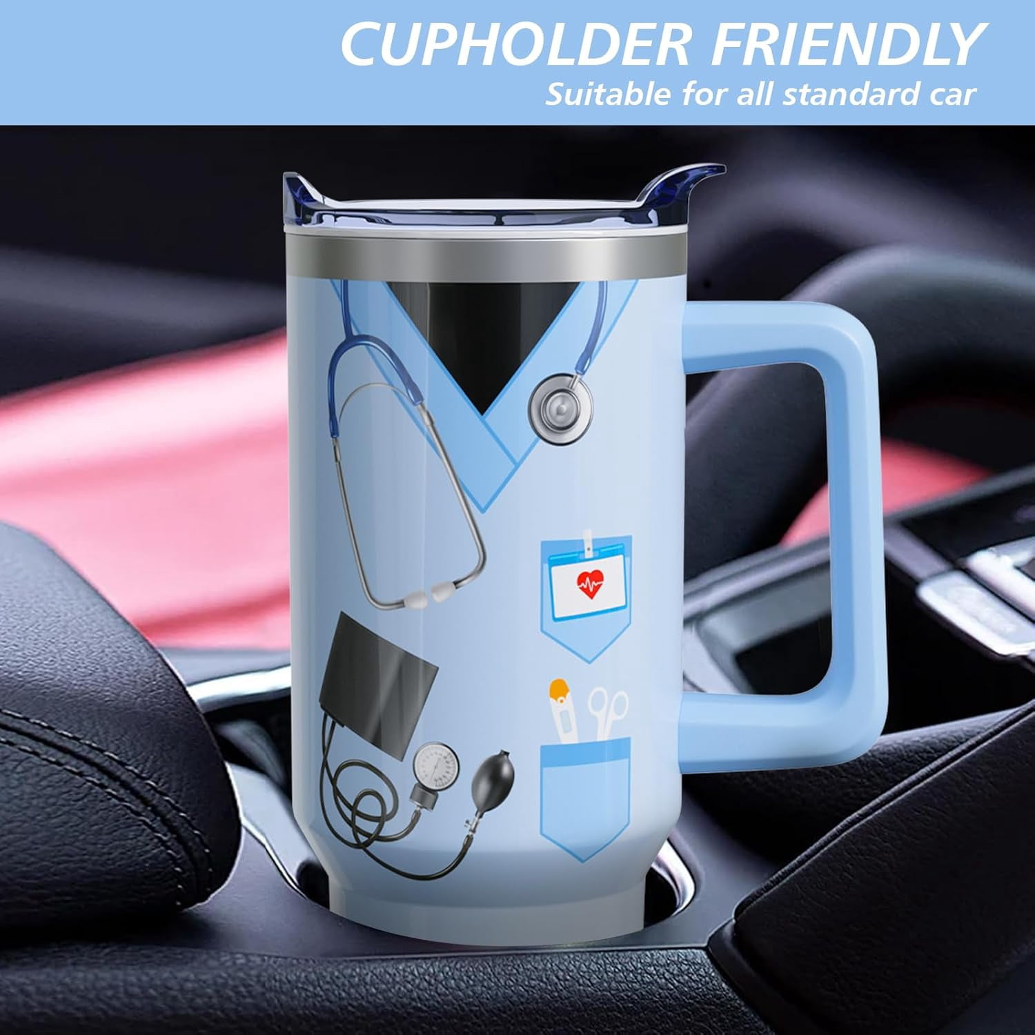 40oz Nurse Gift Tumbler with Handle & Straw - Insulated Stainless Steel Water Bottle, Blue - Appreciation Gifts for Nursing Graduation, Nurse Week (Practitioner, RN, Student)