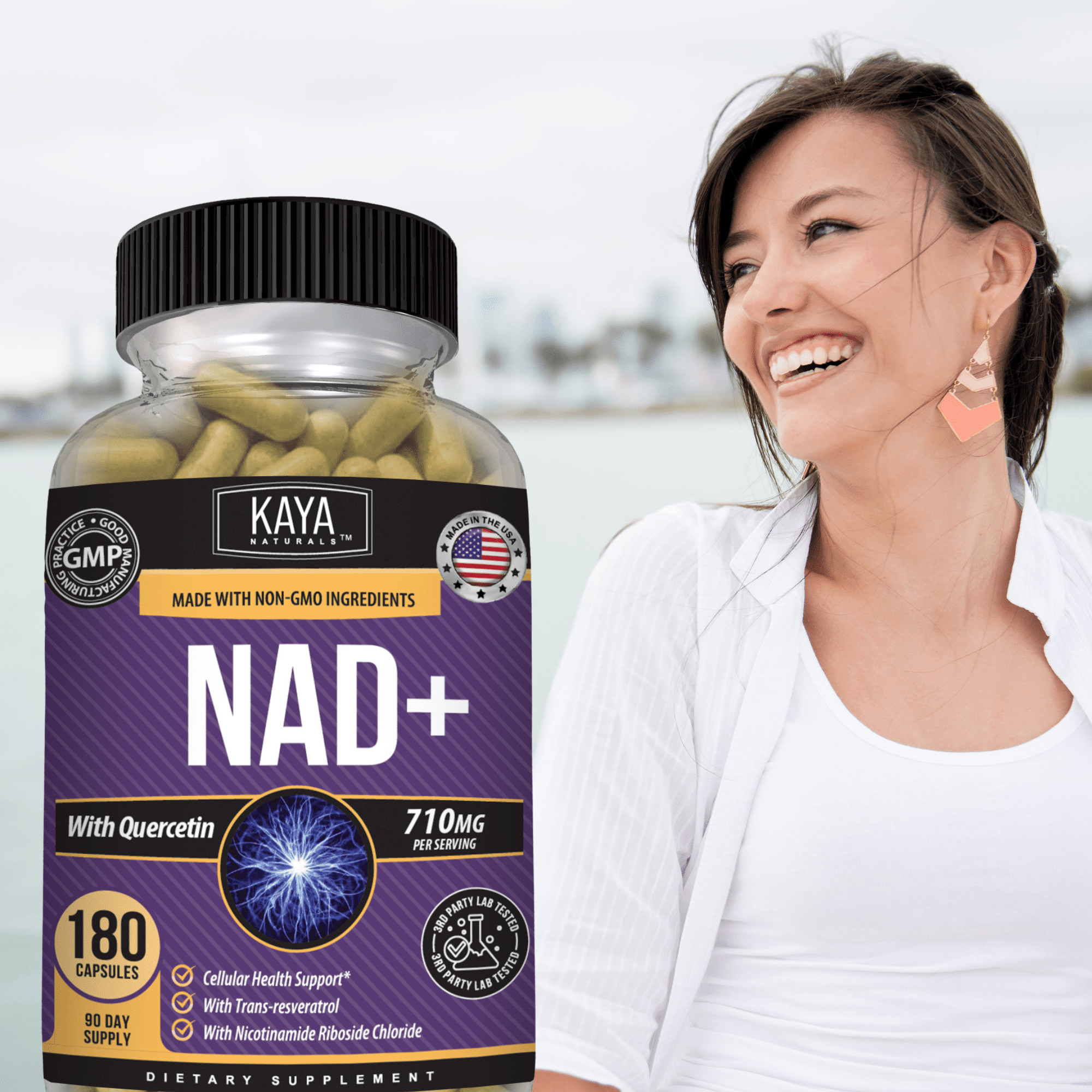 Kaya Naturals NAD+ Supplement with Trans-Resveratrol & Quercetin, Cellular Energy Support, Daily Wellness & Vitality, 180 Capsules