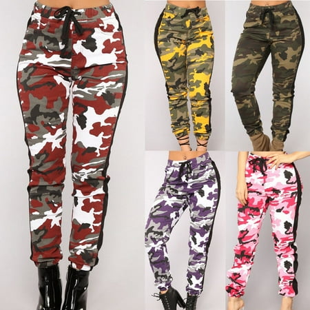 - Womens Casual Slim Fit Closed-Bottom Drawstring Side Stripe Camouflage Jogger Camo Cargo Pants Trousers