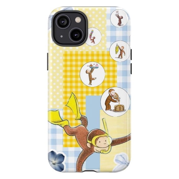 Curious Monkey Yellow Blue Patchwork Phone Case for iPhone 11 12 13 14 15 16 Pro Max, Cute Cartoon Diving & Pancake Design, Colorful Protective Cover