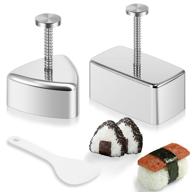 CNKOO 3 Pack Onigiri Mold set featuring a stainless steel rectangular rice mold, a triangular rice mold, and a small white rice spoon. The molds are designed with a press mechanism for easy shaping of sushi, musubi, and rice balls. The set is displayed with examples of completed rice balls, including nori-wrapped and spam-topped variations. Made of premium stainless steel, the molds are non-stick, durable, and dishwasher safe, ideal for creating homemade bento lunches or DIY sushi at home.