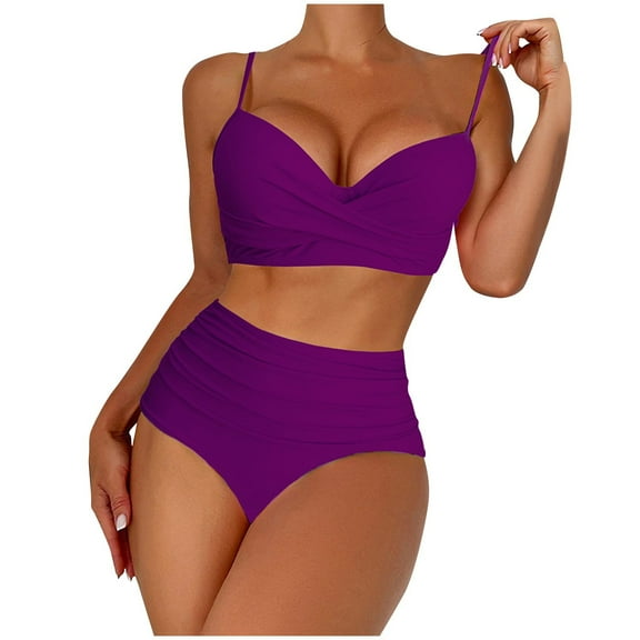 Mgmyaa Women's Bikini Sets Two Piece Swimsuit High Waisted V Neck Backless Strap Bathing Suit Purple L