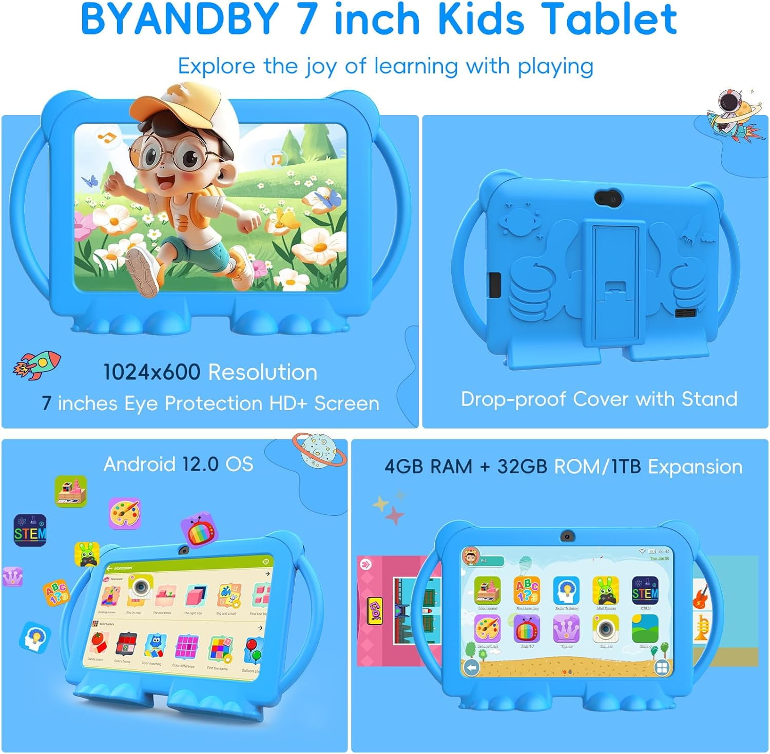 Kids Tablets 7 inch, Android 12 Tablet for Kids, 4GB RAM 32GB ROM, 512GB Expandable, with Parental Control, Google Certified Toddler Tablet, WiFi, Bluetooth, Dual Camera with Silicone Case