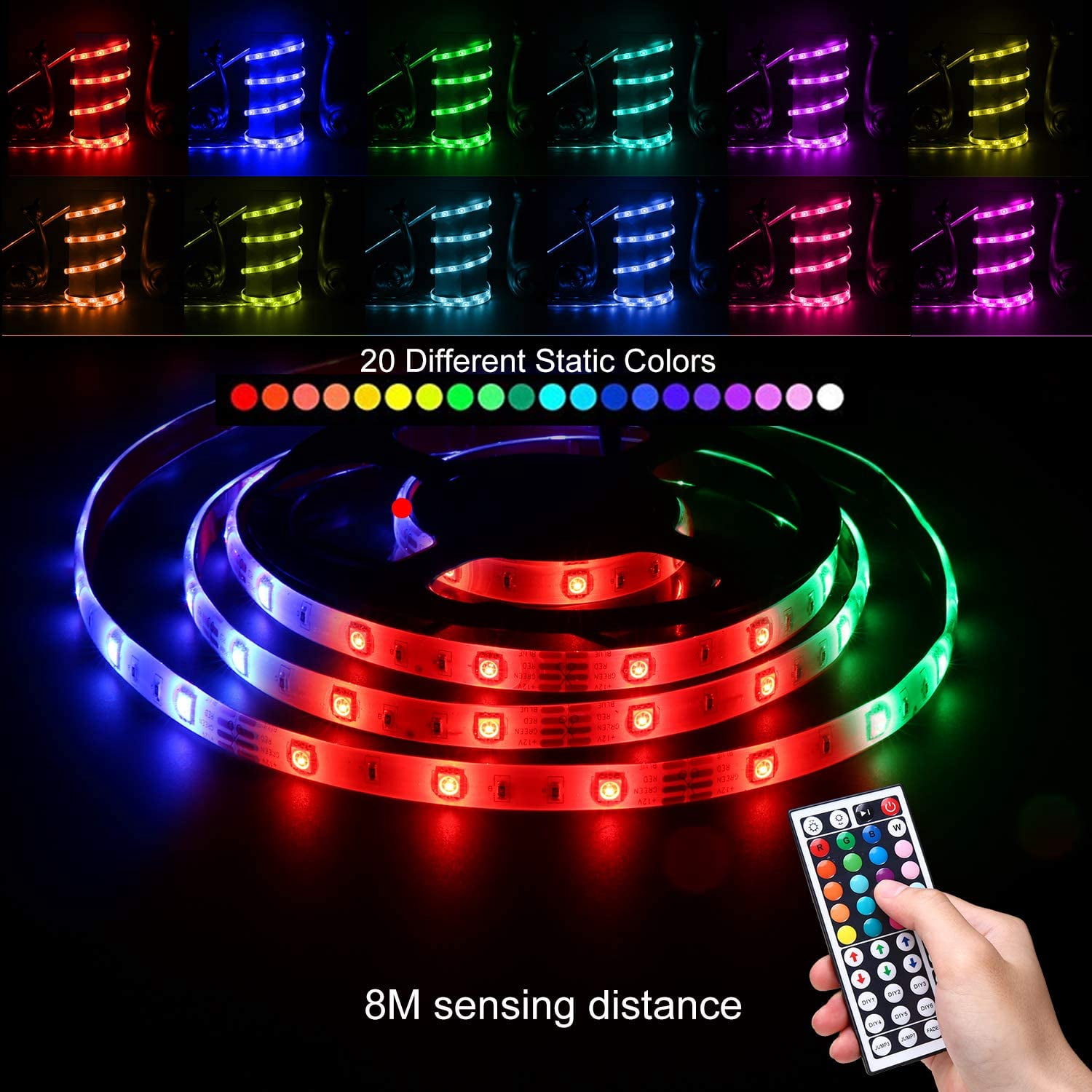 Led Strip Lights, 32.8ft 300LEDs Waterproof Flexible LED Lights with 44 Keys IR Remote Controller and 12V Power Supply for Bedroom House and Home Decoration