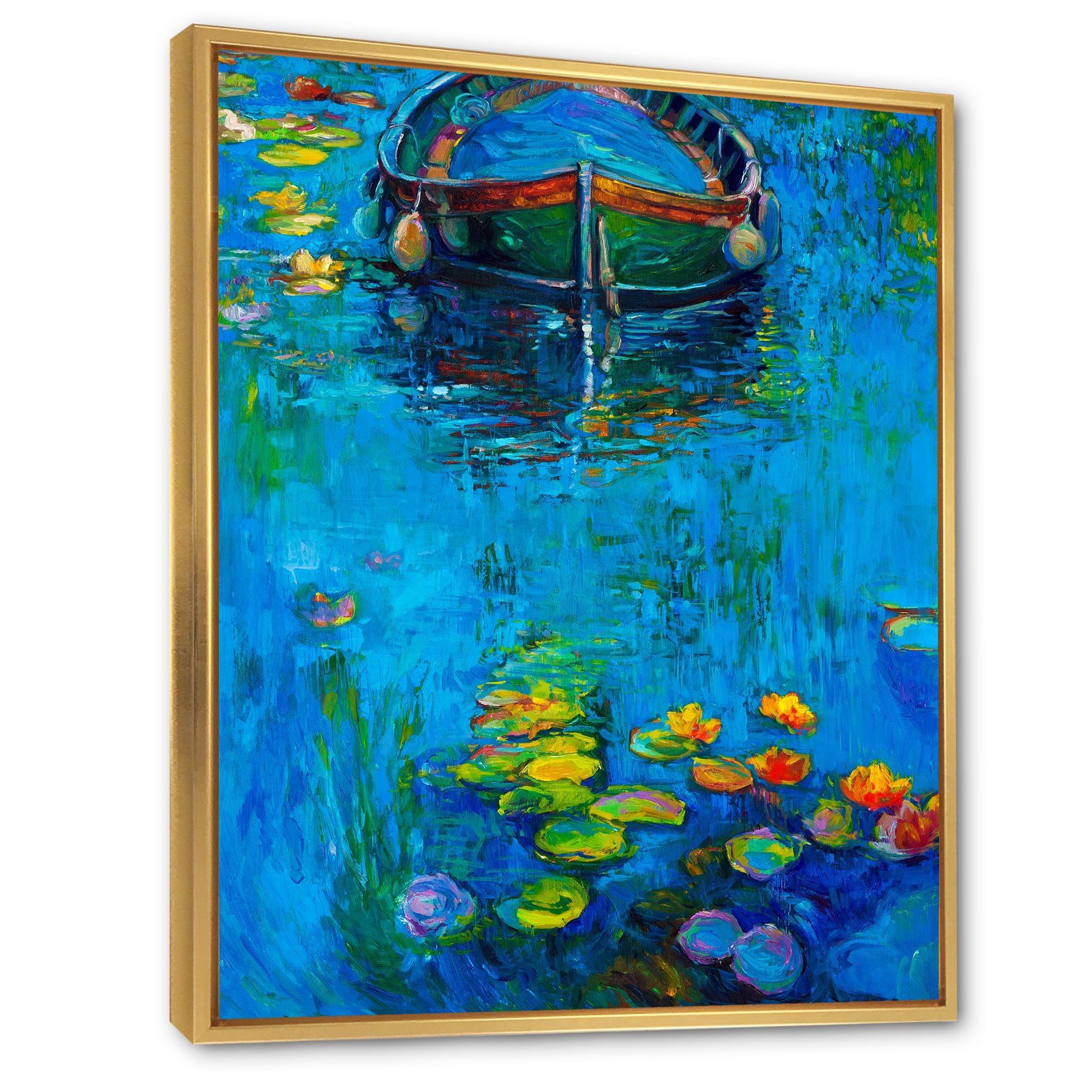Designart 'Boat In Blue Lake' Nautical & Coastal Framed Canvas Wall Art Print