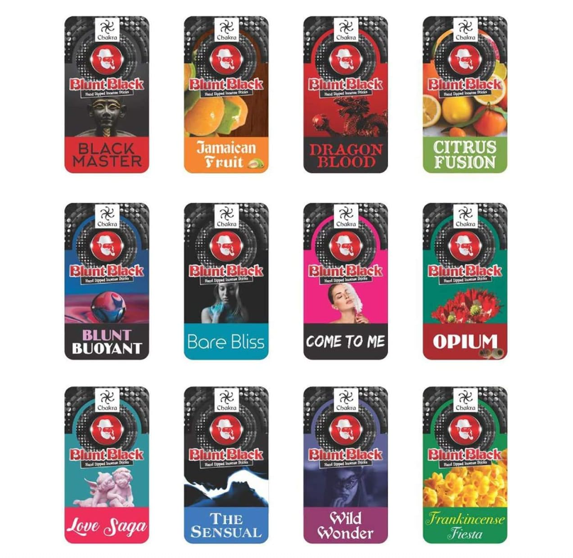 Chakra Blunt Black Hand Dipped Incense Sticks - Display Box with 12 Unique Fragrances – 10.5" Incense Sticks, 72 Pouches (12 Sticks per Pouch)