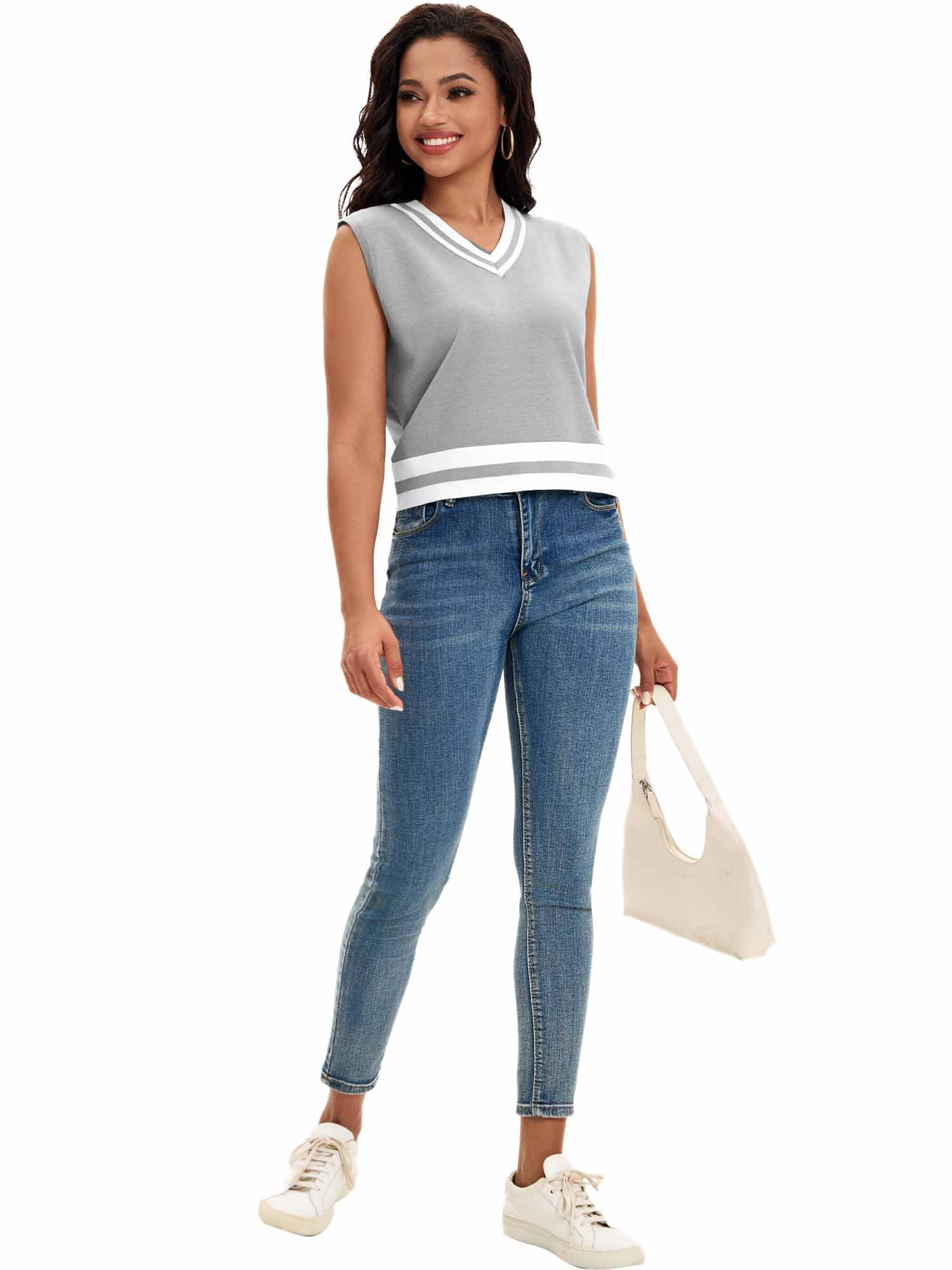 DARING DIVA Women's Cropped Sweater Vest Summer Tank Tops M Gray White