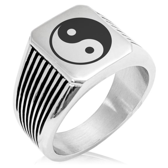 Tioneer Stainless Steel Yin Yang Needle Stripe Pattern Biker Style Polished Ring