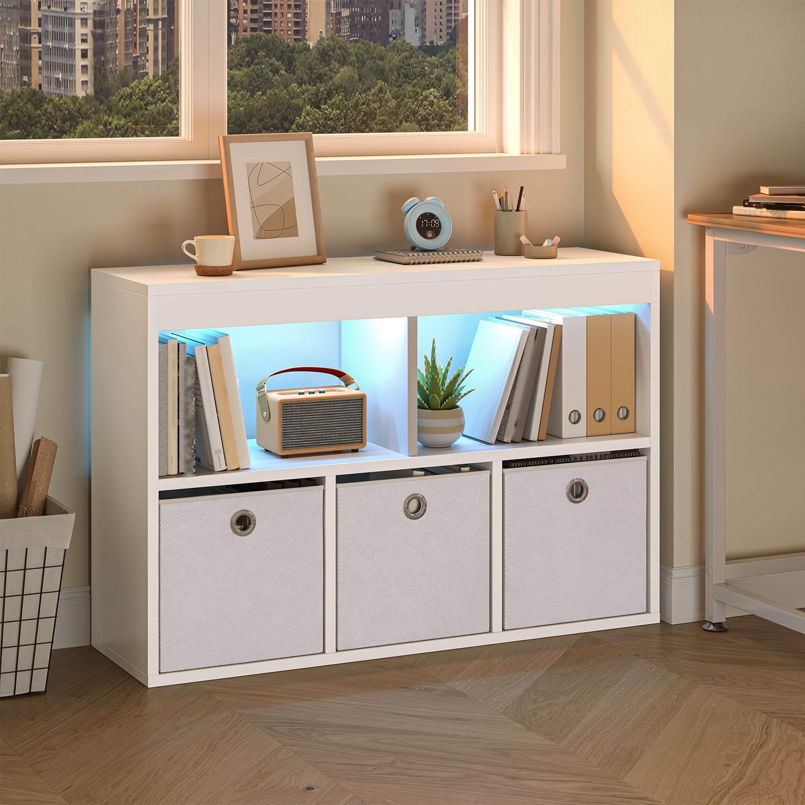 Pinmoco 5-Cube Reversible Open LED Kids Toy Storage Organizer with Three Fabric Drawers for Playroom Storage, White