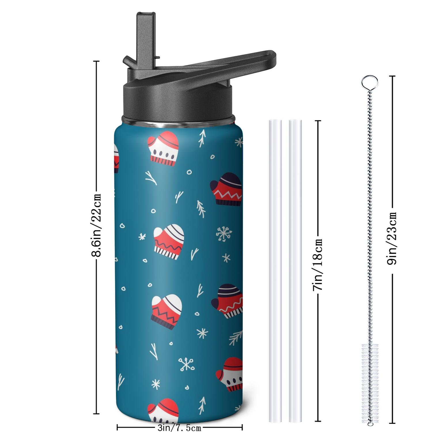 Christmas 18 oz Insulated Stainless Steel Water Bottle with Straw & Cleaning Brush , Leakproof, BPA-Free, 304 Stainless Steel, Wide Mouth, Travel Mug for Car, Gym, Office