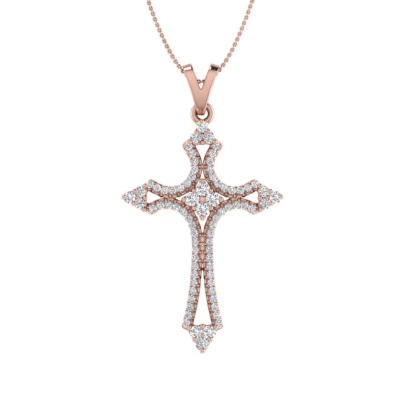 3/8 Carat Diamond Vintage Cross Pendant Necklace in 10K Rose Gold - IGI Cert (Silver Chain Included)