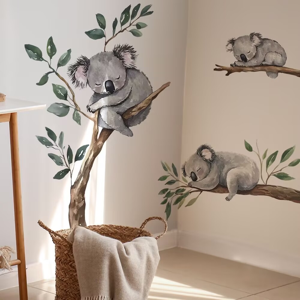 Koala tree branch decals, koala wall stickers Woodland Animal Tree Branch Wall Decals for Kids Bedroom Baby Nursery Home Decor DIY transparent stickers, bedroom, living room, TV wall, children's room