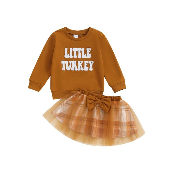 FeMereina Toddler Baby Girls Thanksgiving Outfits Long Sleeve Letter Embroidery Sweatshirt Top Plaid Tulle Skirt Set Thanksgiving Cothes