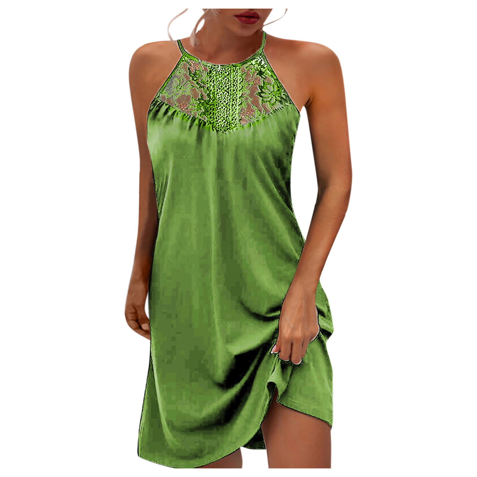 Solid Color Lace Sleeve Halter Neck ...