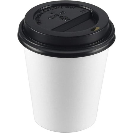 

VeZee 10 Oz Disposable White Poly Paper Durable Hot Cup with Black Hinged Tab Lids For Hot/Cold Drink Coffee Cups Tea Cocoa Travel Hot Chocolate Chai Latte & Hot Soup|100CT