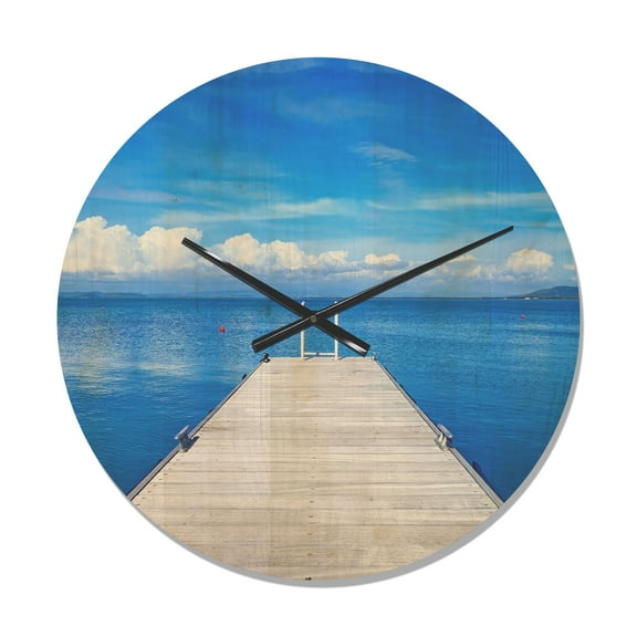 Designart 'Large Wooden Pier Over Blue Lake' Modern Wood Wall Clock