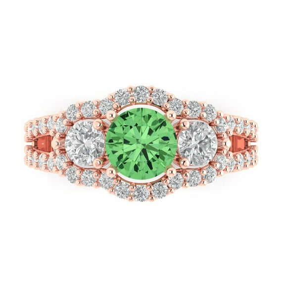 2.16 ctw 3 Stone Anniversary Ring for Women | Round Cut Simulated Green Diamond | Hyperallergenic Solid 14K Rose Gold