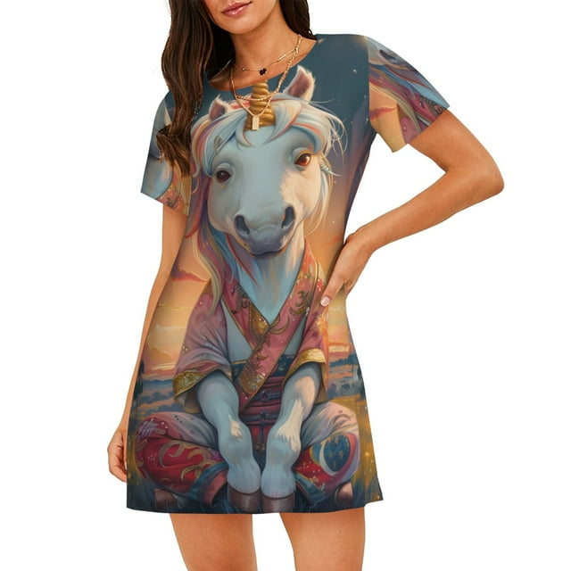 Vsdgher Motif Cheval Étoilé Mignon Chemise de Nuit à Manches Courtes Col Rond Robe de Nuit Mignonne à Volants Confortable