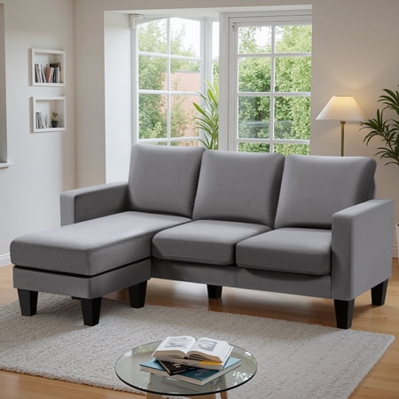 Vineego Convertible Sectional 3 L-Shaped Couch Soft Seat with Modern Linen Fabric,Light Gray