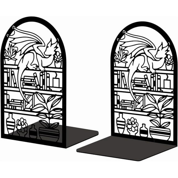Metal Bookends for Shelves Modern Decorative Heavy Duty Study Book Support Stoppers for Office Desk Shelf Room 5.3"x4.3"x7.9" Cast Iron Bookends 1 Pair (Cartoon Dragon and Bookcase) DIY Making