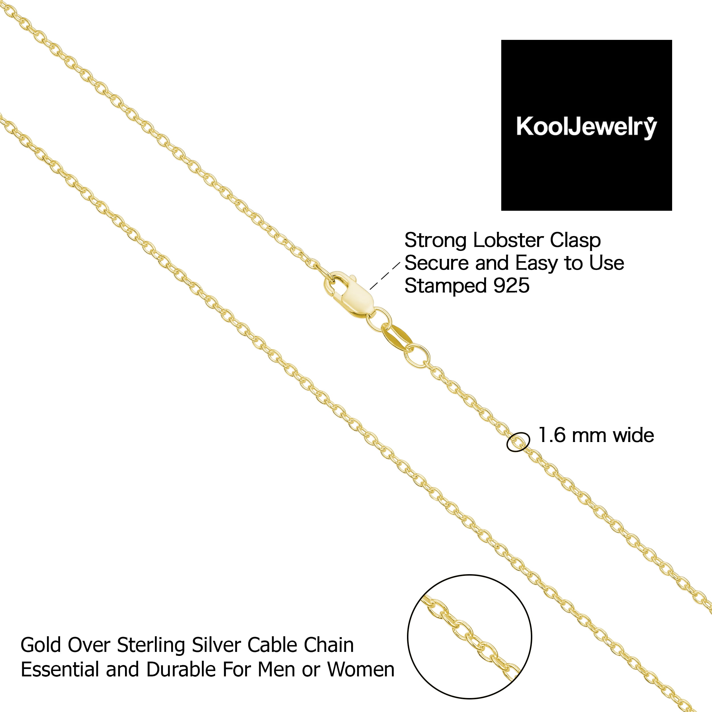 KoolJewelry Yellow Gold Over Sterling Silver Cable Chain Necklace (1.6 mm, 18 inch)