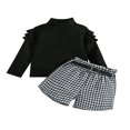 thumbnail image 1 of Toddler Girl Autumn Clothes Set  Ruffled Long Sleeve High Neck Ribbed Pullover + Houndstooth Print Shorts + Belt, 1 of 9