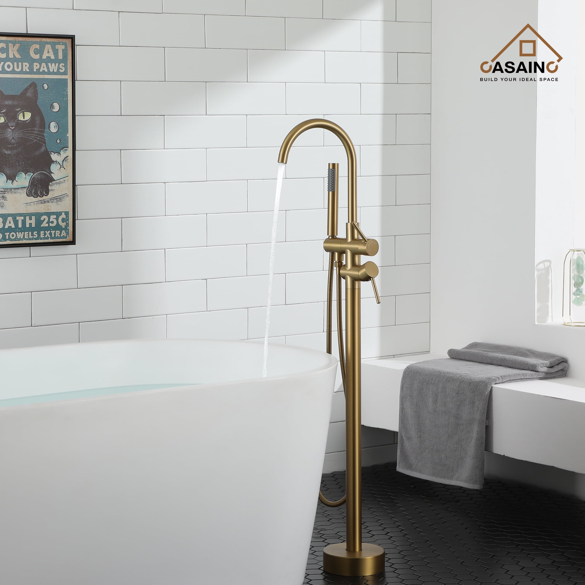 CASAINC Double-Handles Floor-Mount High Arch Tub Faucet High Flow Bathroom Tub Filler with Handshower in Brushed Brass