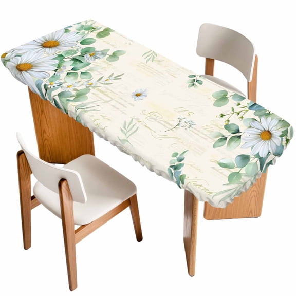 Spring Floral Daisy Table Cloths for 8 Foot Rectangle Tables, Eucalyptus Leaves Watercolor Botanical Patio Waterproof Elastic Fitted Tablecloths, Washable Rectangular Table Cover for Camping