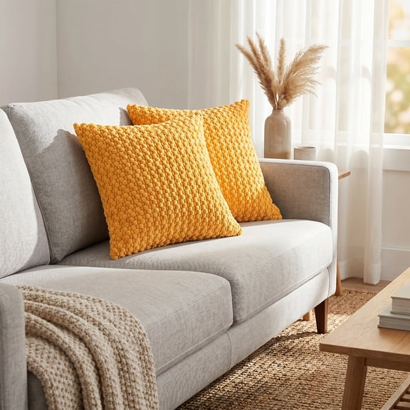 REGALWOVEN Corduroy Throw Pillow Covers Set of 2 Solid Decorative Cushion Cases for Sofa Couch Bedroom Home Decor Yellow 16" x 16"