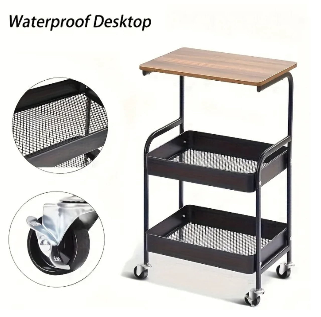 3-Tier Rolling Kitchen Serving Cart on Wheels, Metal Utility Cart with Walnut-Textured Top and Storage Backet, Kitchen Storage Rack Printer Stand