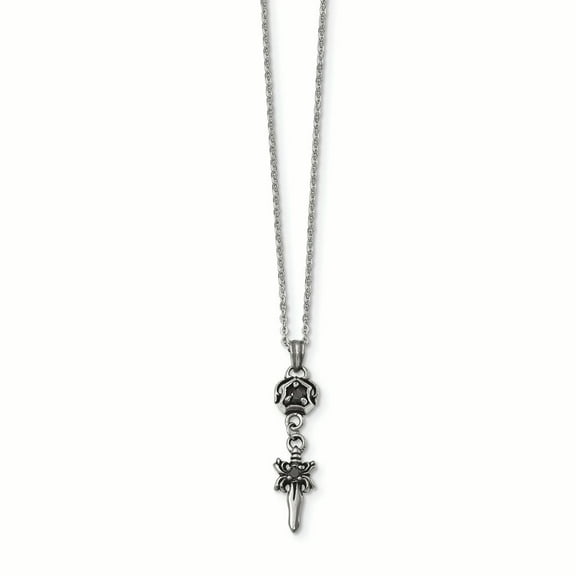Finest Gold Stainless Steel Antiqued & Polished with Black CZ Sword Necklace