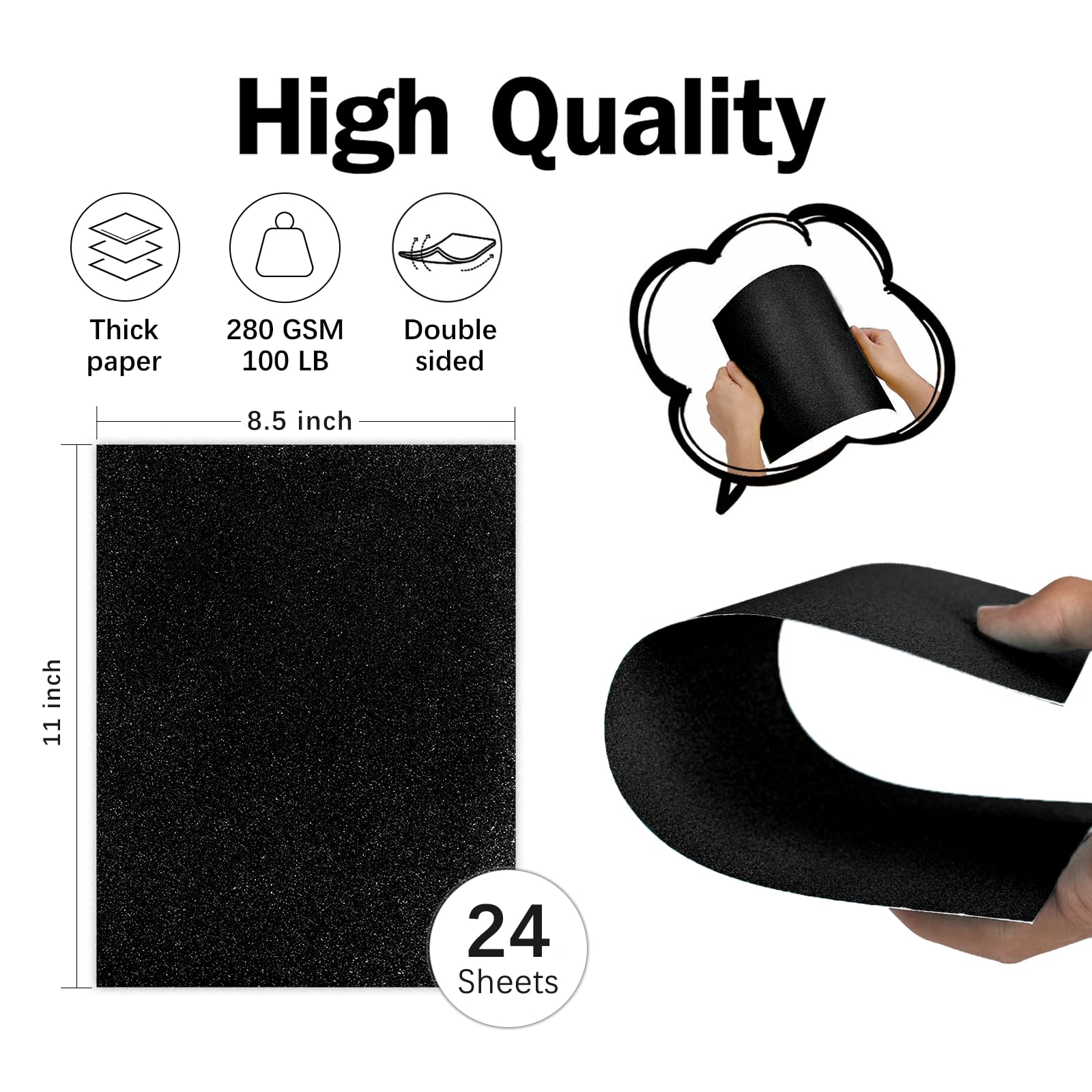 Double-sided Black Glitter Cardstock 8.5x11 -  24 Sheets 280 Gsm/100lb Paper For Cricut Diy Crafts Scrapbooking