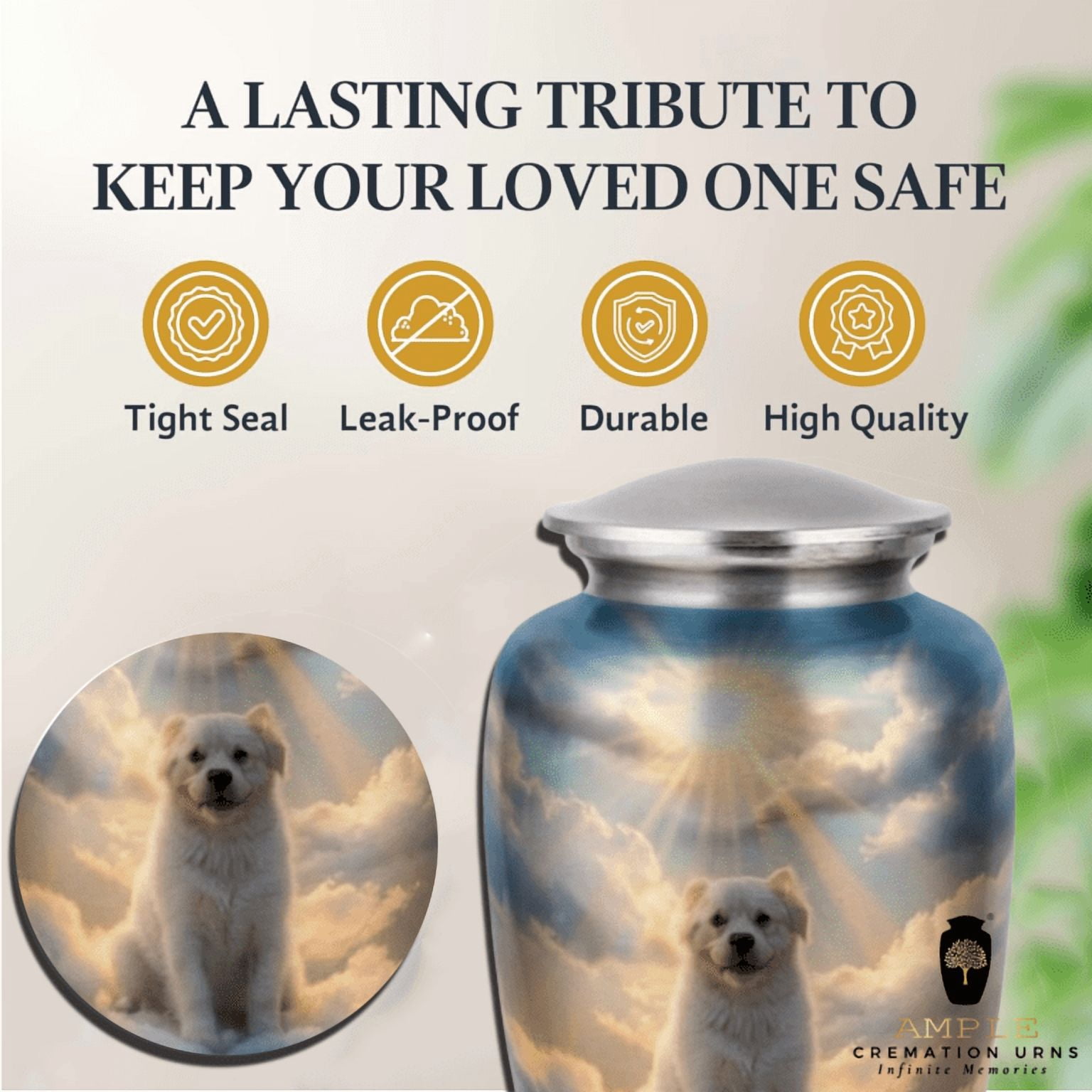 Dog Urn for Ashes Large Heaven Theme Pet Memorial Aluminum Cremation Urn Secure Lid 10 INCH