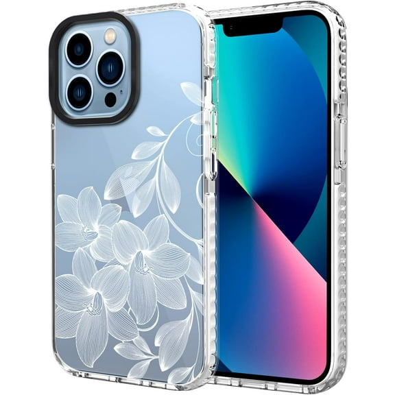 Case Compatible with iPhone 13 Pro Max 6.7 Inch 2021, Clear White Floral Flower Soft & Flexible TPU Shockproof Protective Cover for Women Girls, Flower Pattern Design Phone Case