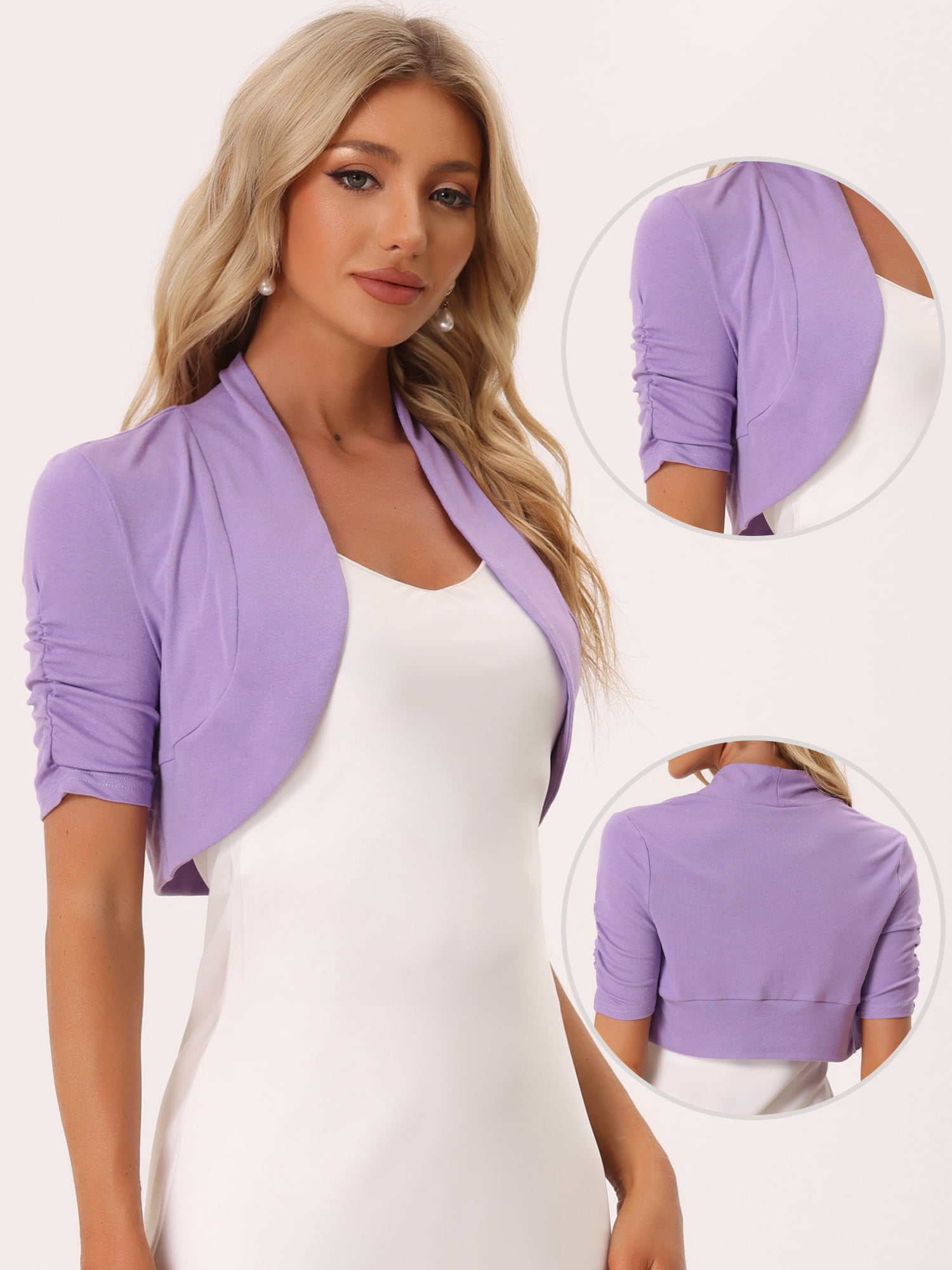 DARING DIVA Women's Ruched Short Sleeve Shrugs Bolero Cropped Cardigan M Lilac