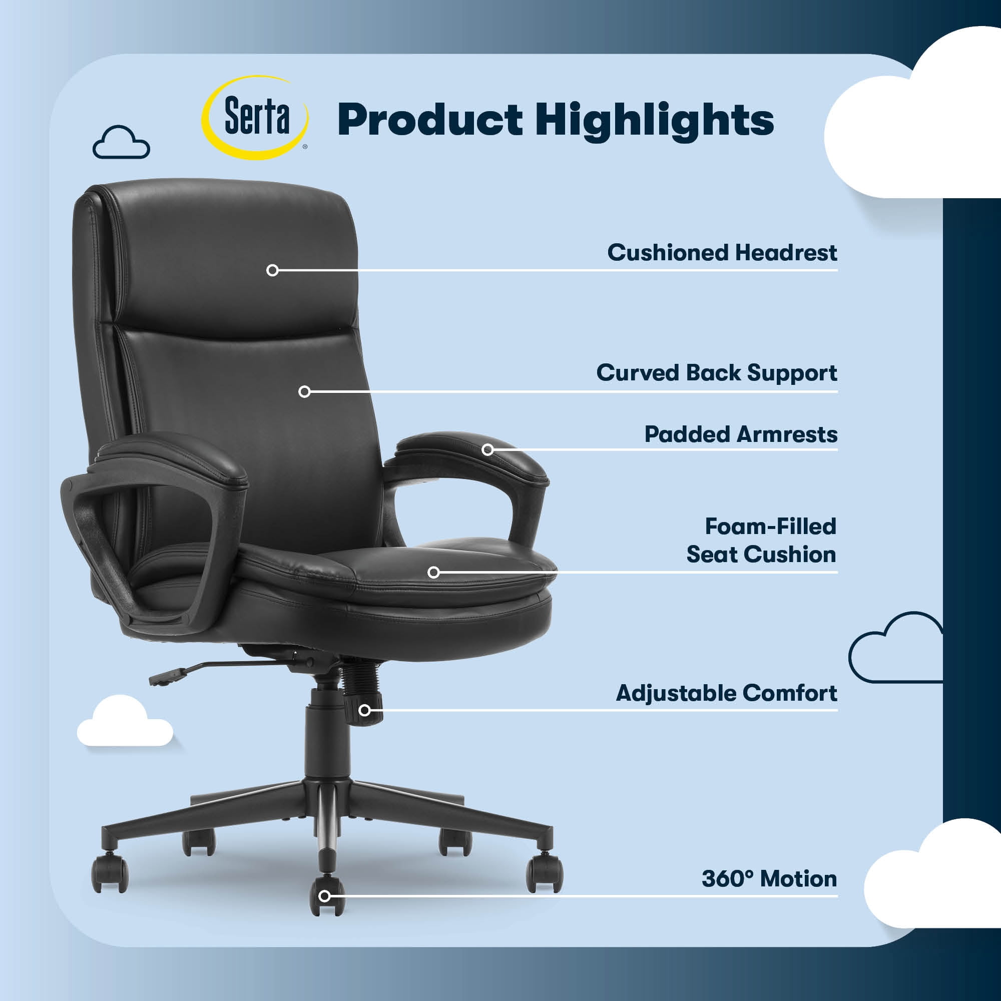 Serta Comfort Ergo Executive Office Chair, Ergonomic Mid-Back Design with Lumbar Support, Bonded Leather, Black