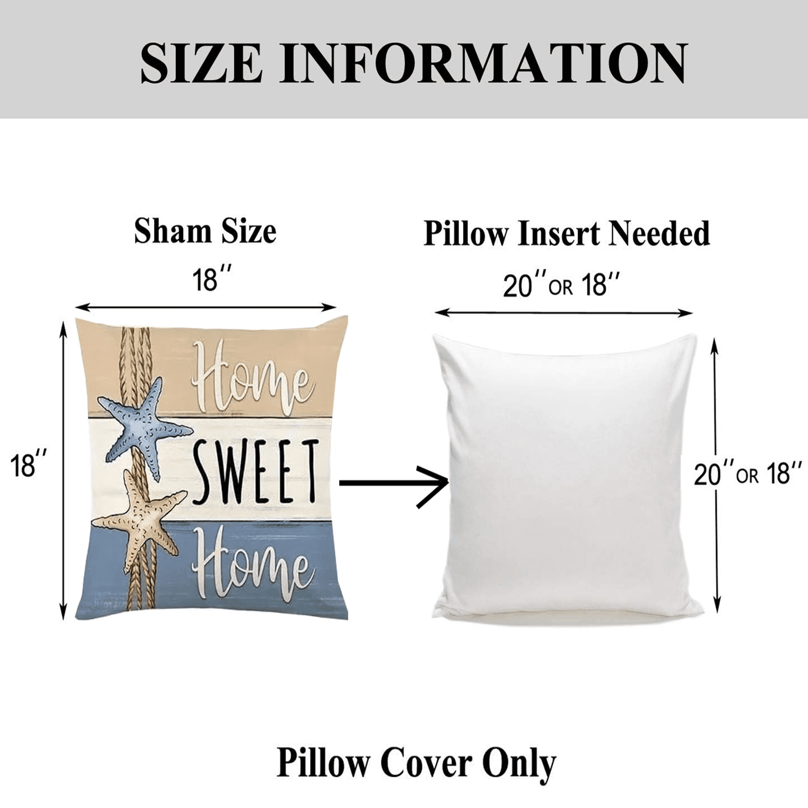 Beach Theme Throw Pillow Covers, 18x18 inches, Set of 4, Coastal Seashell and Starfish Design, Decorative Linen Cases for Living Room