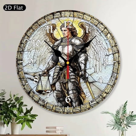 Archangel Saint Michael Stained Glass Style Round Wall Clock Handmade Wooden MDF Religious Spiritual Home Decor Art