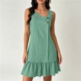 thumbnail image 2 of Women's Sleeveless Ruffle Hem Mini Dress Ribbed Textured Shift Dress Asymmetrical Neck Summer Beach Sundress Street Casual Outfit Green, 2 of 6