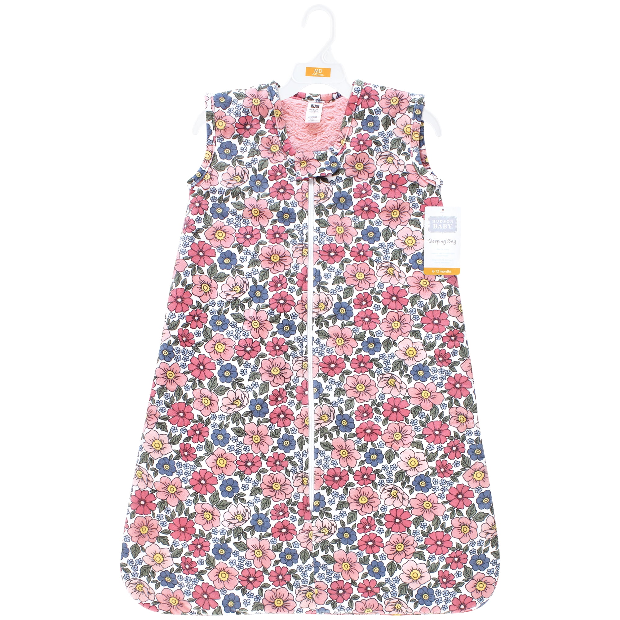 Hudson Baby Girls Plush Faux Fur Sleeping Bag, Wearable Blanket, Pink Blue Pretty Floral, 6-12 Months