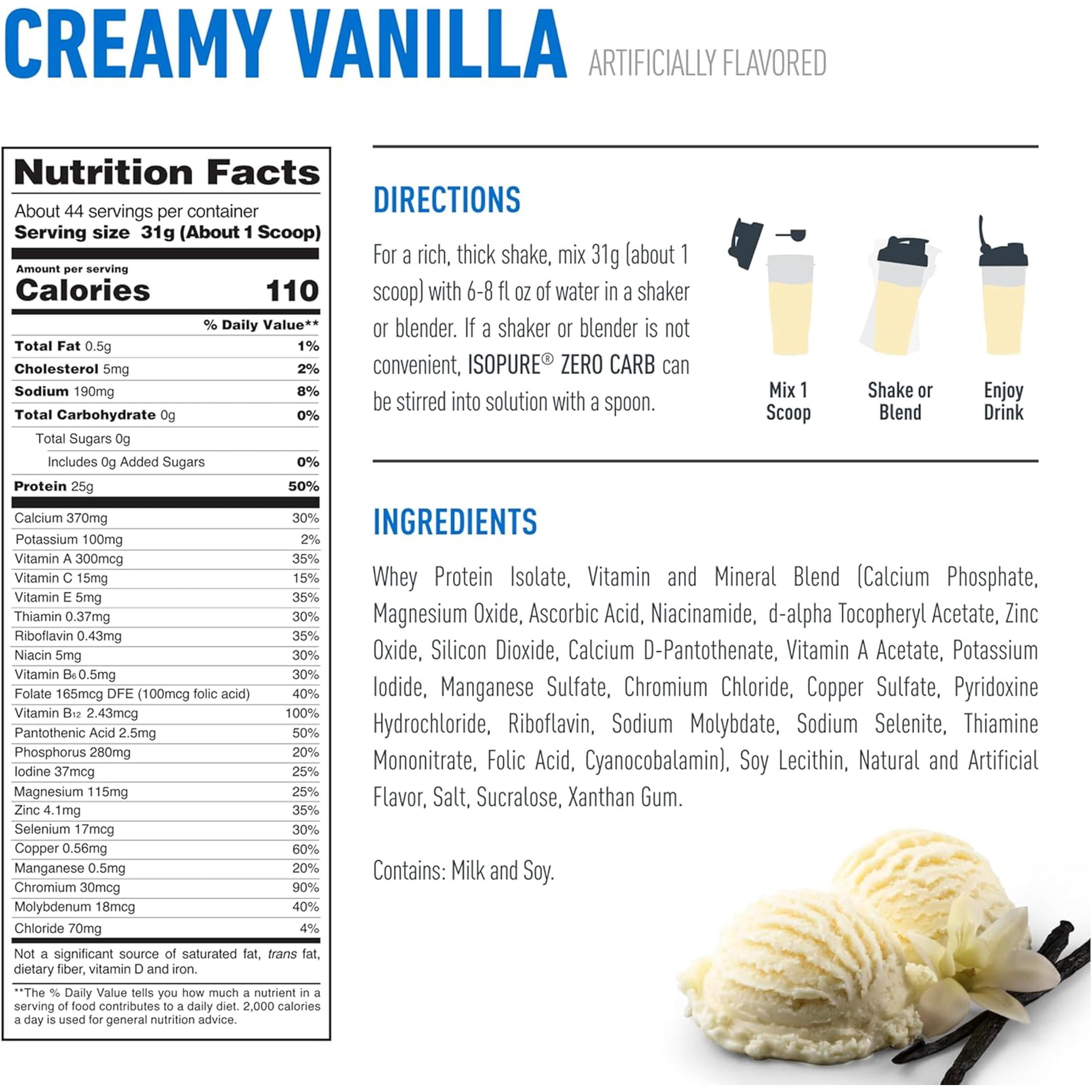 Isopure, Zero Carb 100% Whey Protein Isolate, 25g Protein Powder, Creamy Vanilla, 3 lb