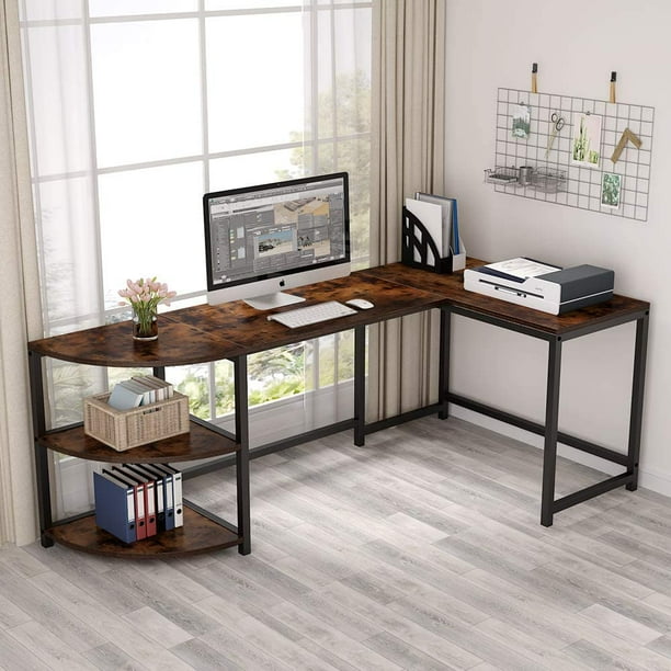 Tribesigns L Shaped Desk With Corner Shelf 74 Inch Corner Computer Desk Study Writing Workstation With 3 Tier Reversible Storage Shelf For Home Office Use Walmart Com Walmart Com