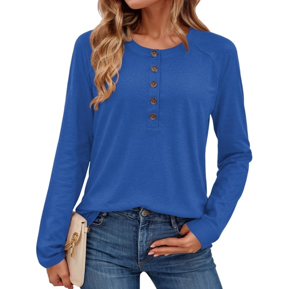 Textilo Women's Long Sleeve Shirts Lounge Crew Neck Button Top Loose Fit Henley T-Shirt Holiday Solid Color Spring Fashin Clothes